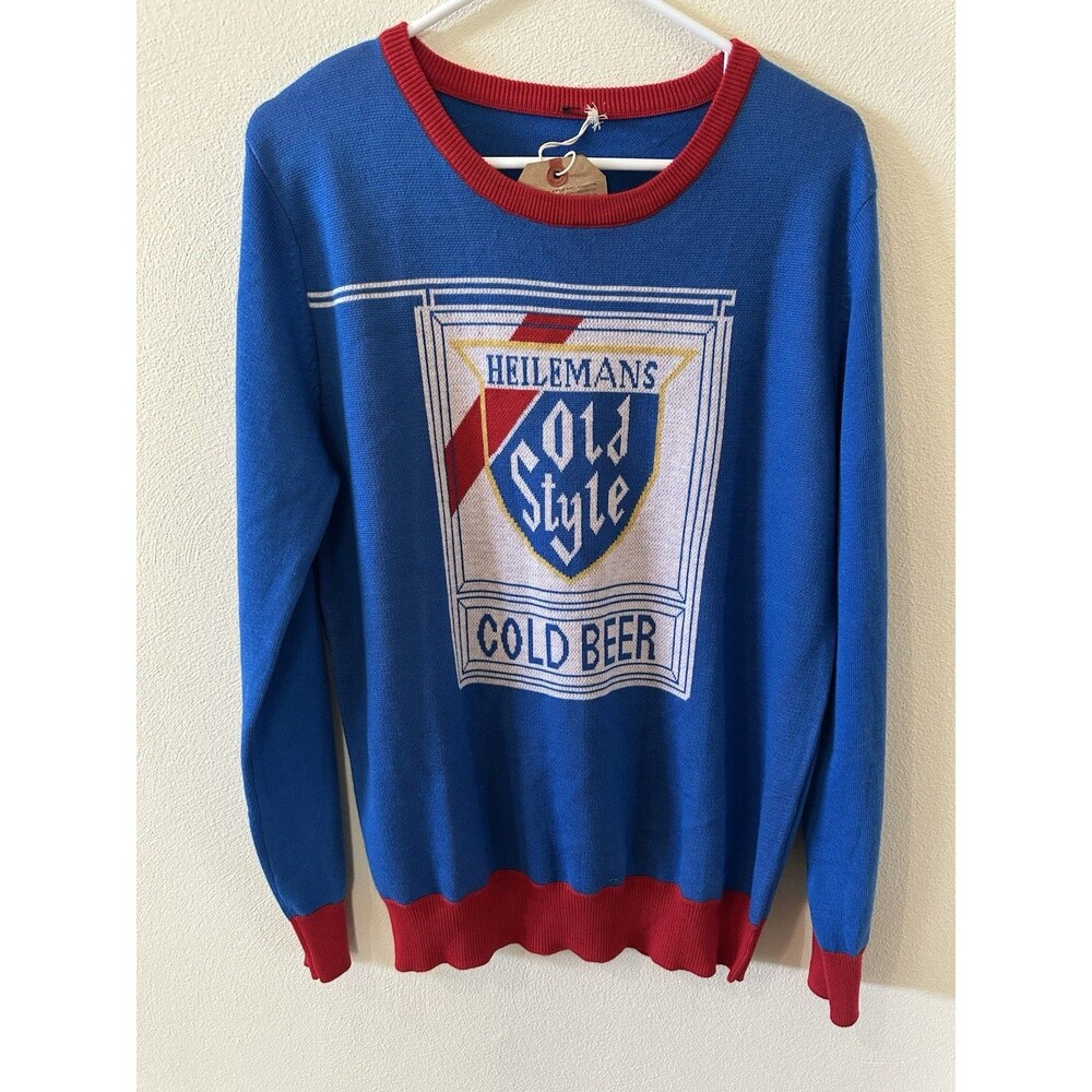 Vintage Heilemans OLD STYLE Cold BEER SWEATER Mens SIZE LARGE Blue Red